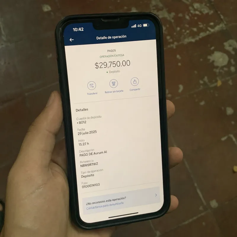 Captura de la app del banco con depósito de Bergmann Core