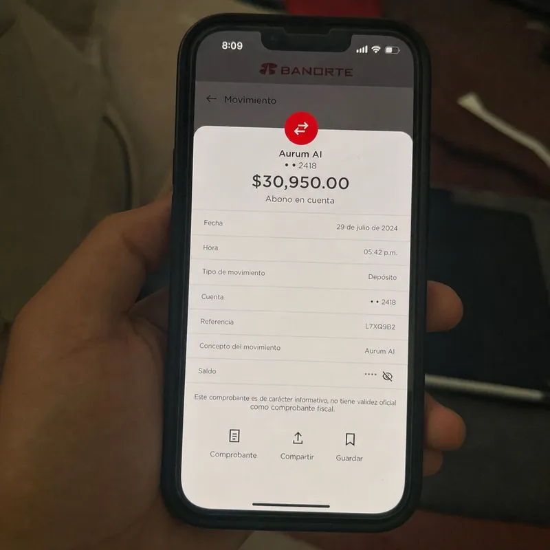 Captura de la app del banco con depósito de Bergmann Core